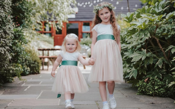 Champagne Flower Girl Dress with Sage Green Sash, Toddler and Child Flower Girl