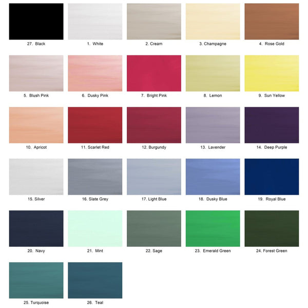 Color swatch chart with various color samples on a white background