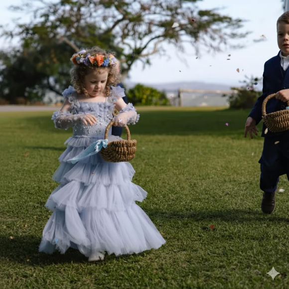 Picture of a flower girl wearing a blue dress, throwing petals from a basket with a blue ribbon